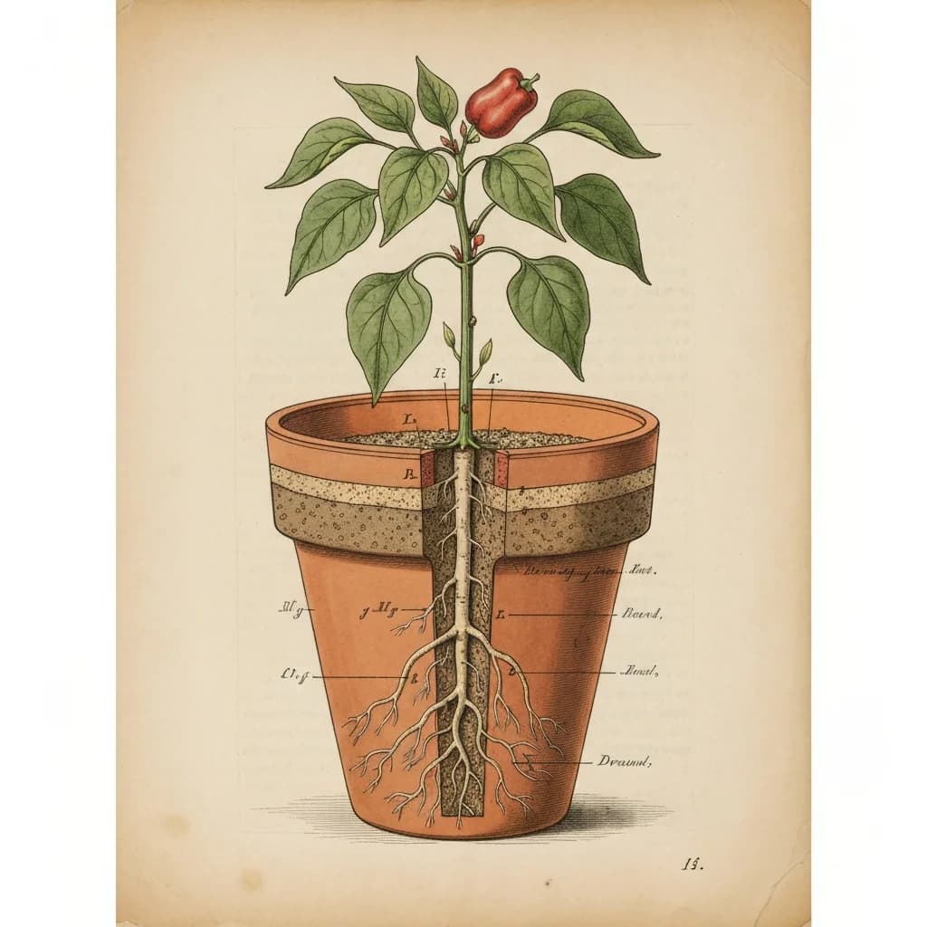 Botanical illustration of vegetables growing in containers