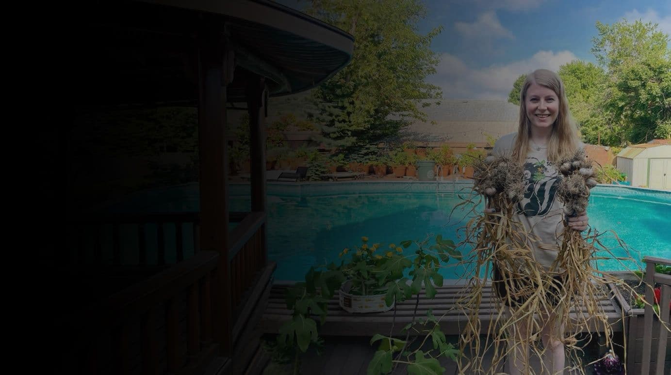 Liz smiling and holding a fresh garlic harvest in her suburban backyard garden with containers and raised beds